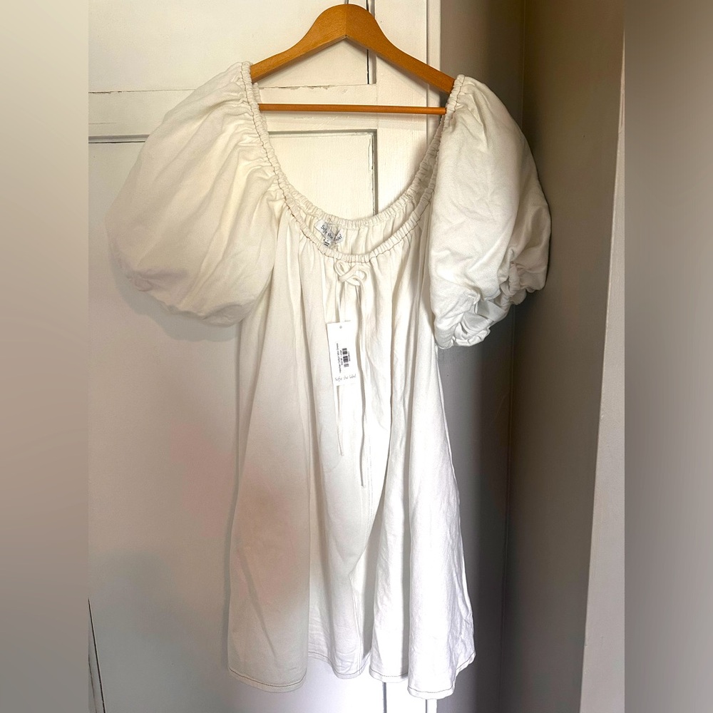 100% Thick Cotton White Puff Sleeve Dress